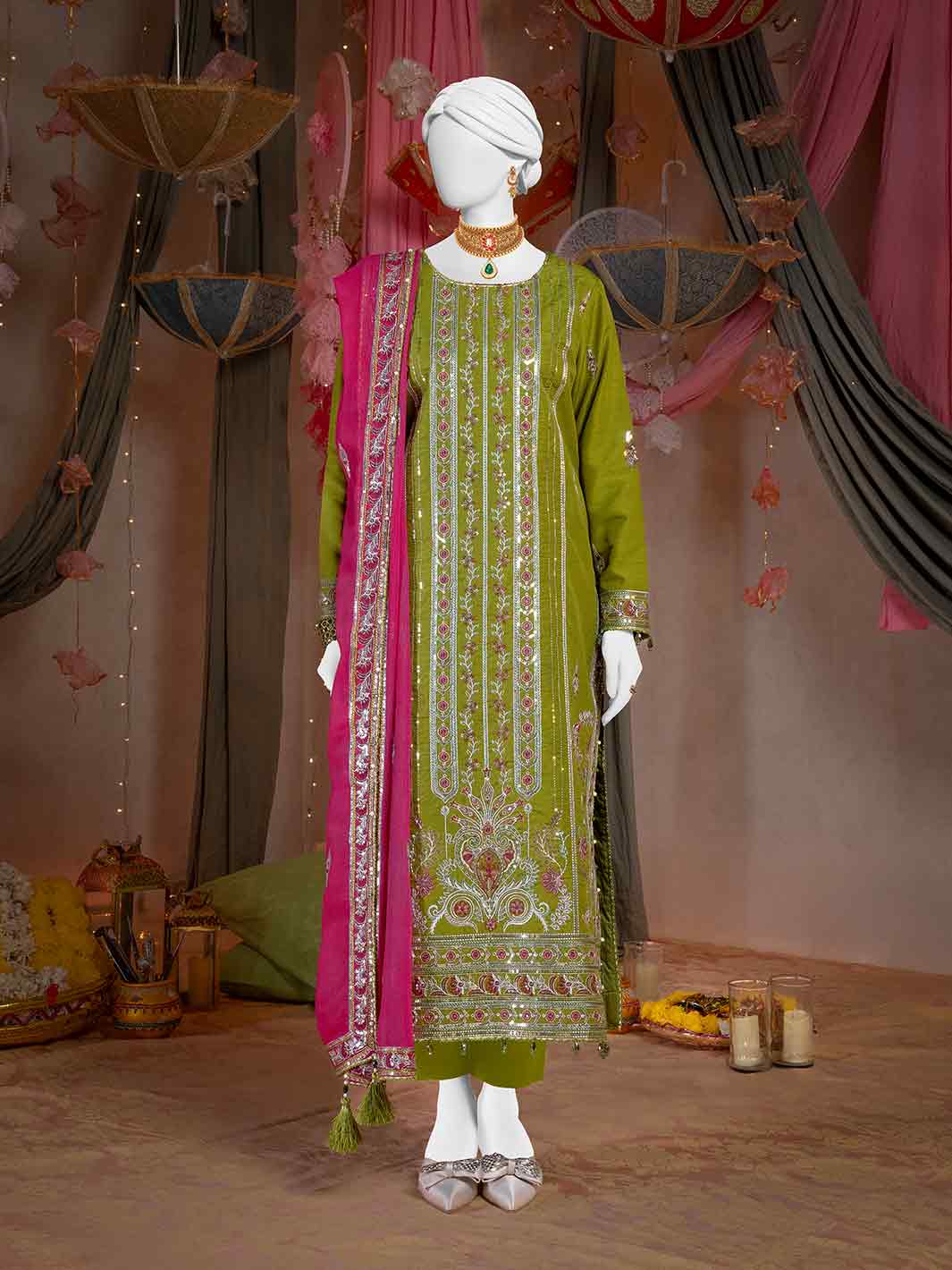 Raw Silk Parrot Green Unstitched Suit - J. Junaid Jamshed