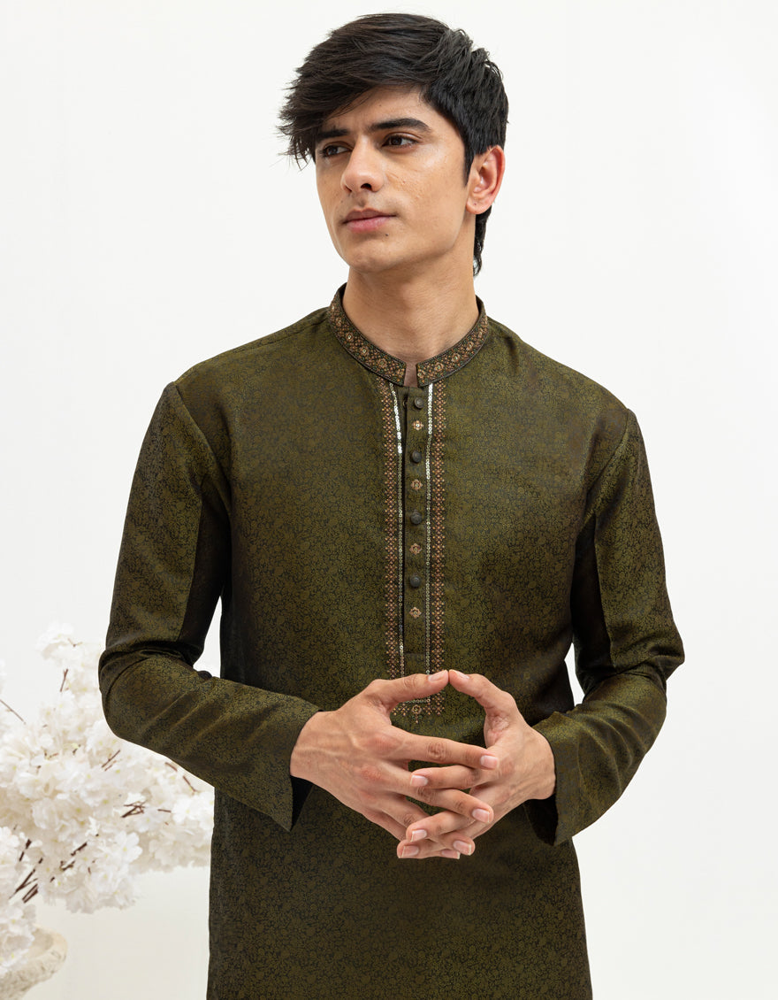 Blended Mehndi Green Special Kurta - J. Junaid Jamshed