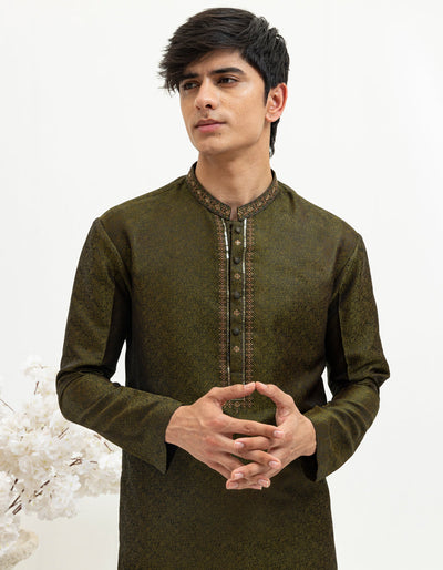 Blended Mehndi Green Special Kurta - J. Junaid Jamshed