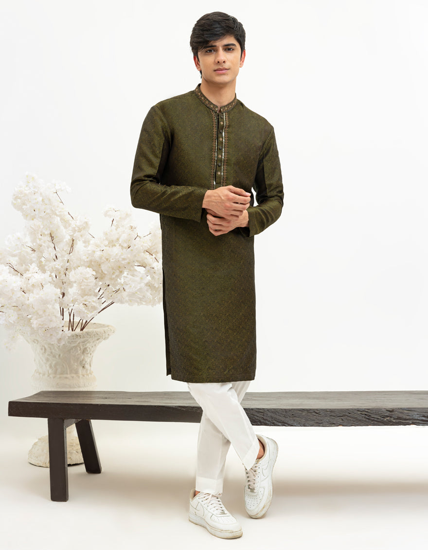 Blended Mehndi Green Special Kurta - J. Junaid Jamshed