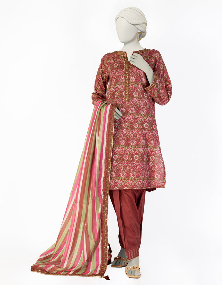 Lawn Red Stitched Suit - J. Junaid Jamshed