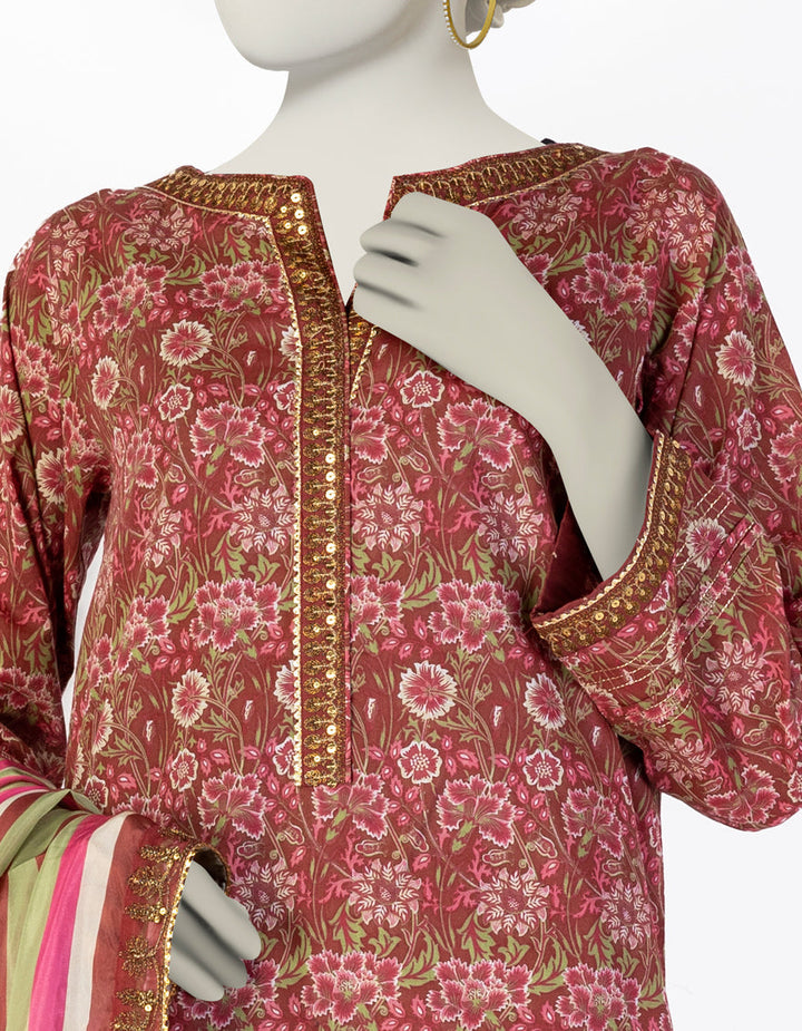 Lawn Red Stitched Suit - J. Junaid Jamshed
