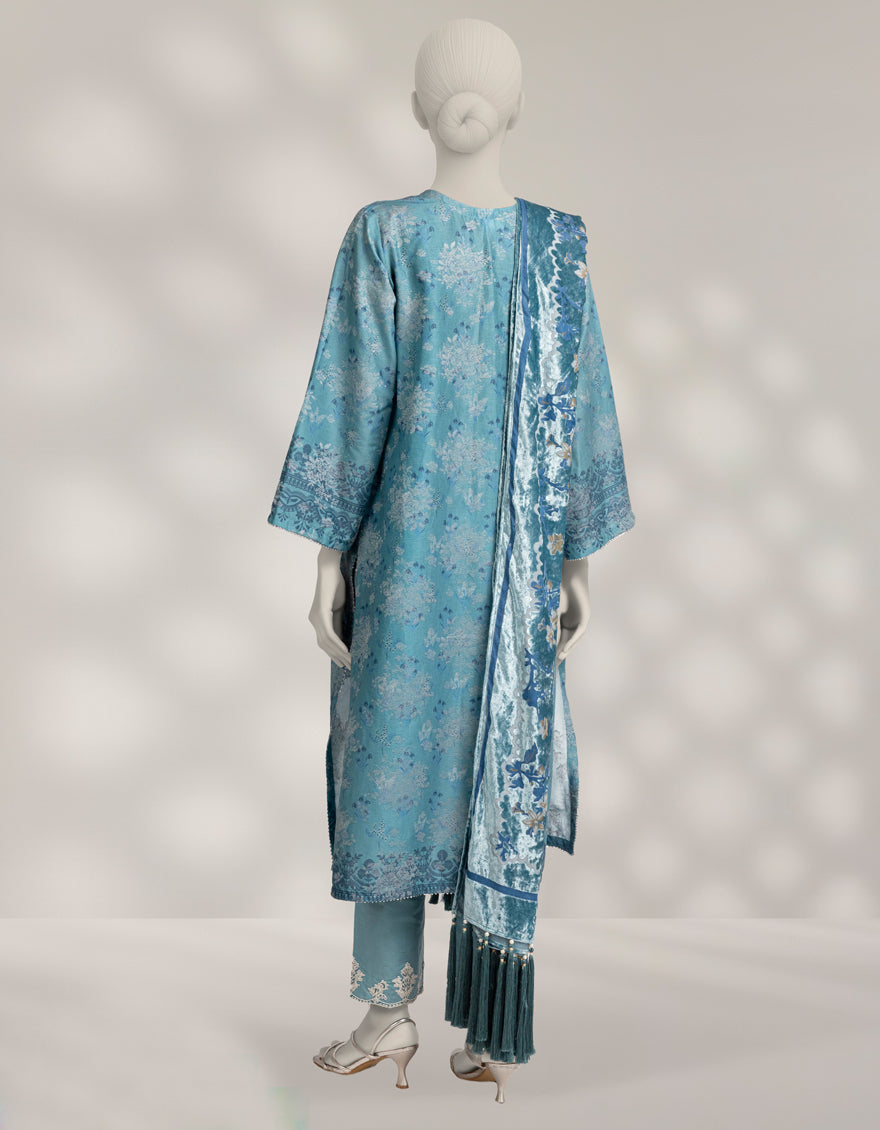 Jacquard Blue Unstitched Suit - J. Junaid Jamshed