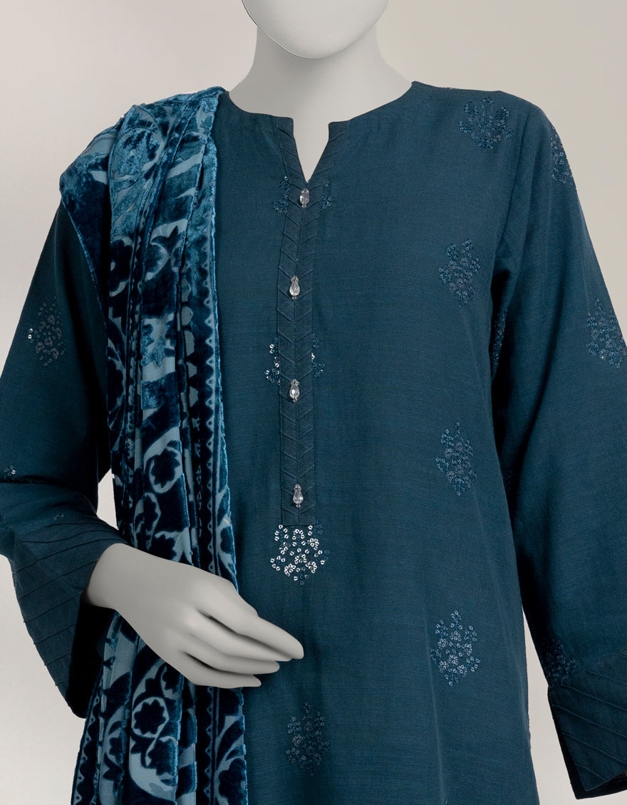 Khaddar Slub Teal Unstitched Suit - J. Junaid Jamshed