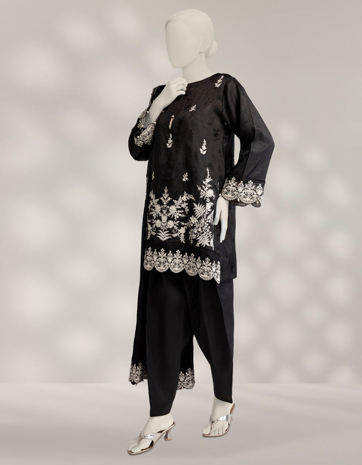 Raw Silk Black Stitched Suit - J. Junaid Jamshed