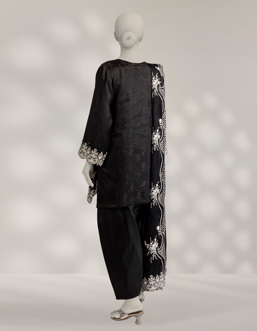 Raw Silk Black Stitched Suit - J. Junaid Jamshed