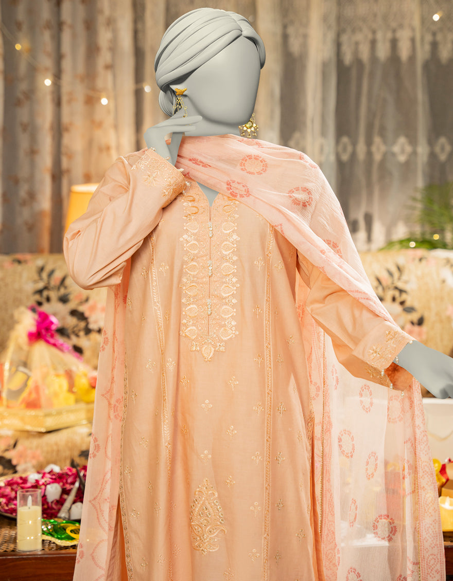 Lawn Peach Stitched Suit - J. Junaid Jamshed