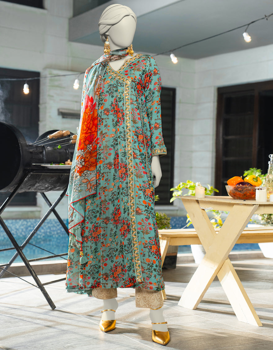 Chiffon Blue Stitched Suit - J. Junaid Jamshed