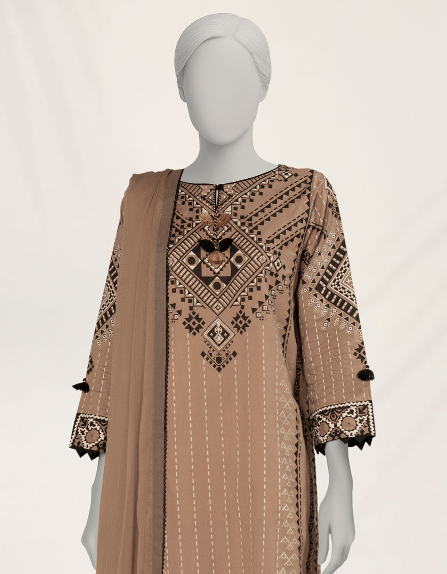 Lawn Brown Stitched Suit - J. Junaid Jamshed