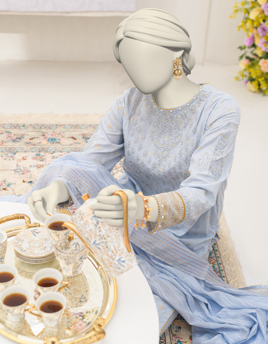 Lawn Blue Stitched Suit - J. Junaid Jamshed