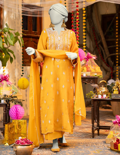 Chiffon Yellow Stitched Suit - J. Junaid Jamshed