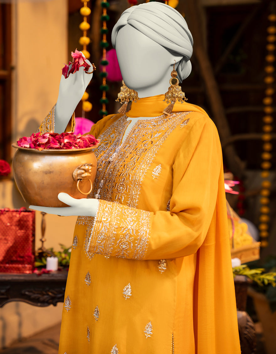 Chiffon Yellow Stitched Suit - J. Junaid Jamshed