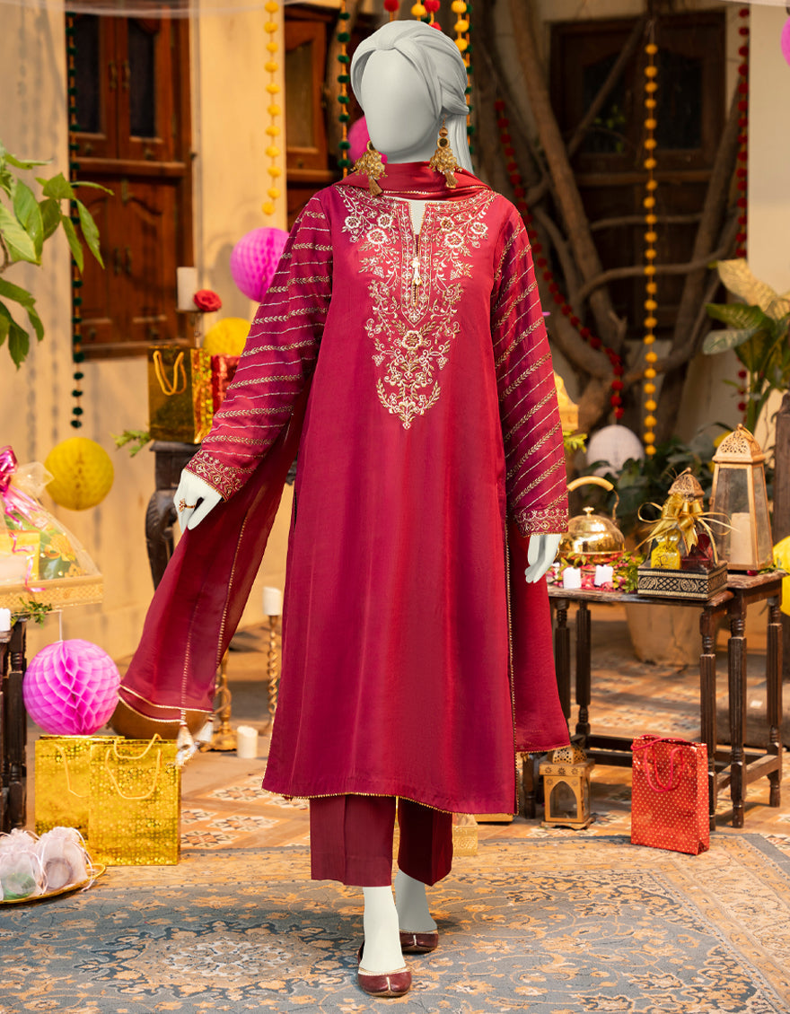 Chiffon Red Stitched Suit - J. Junaid Jamshed