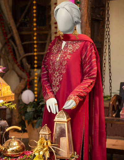 Chiffon Red Stitched Suit - J. Junaid Jamshed