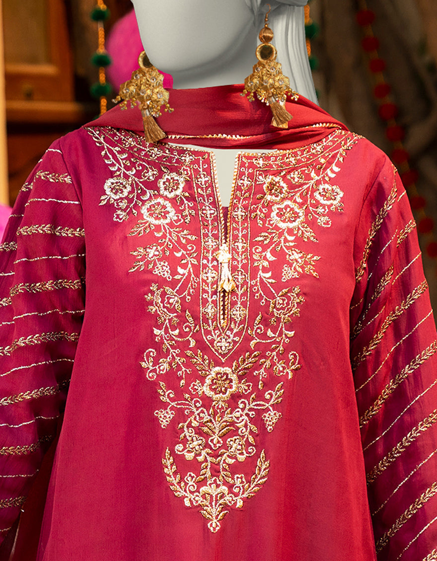 Chiffon Red Stitched Suit - J. Junaid Jamshed