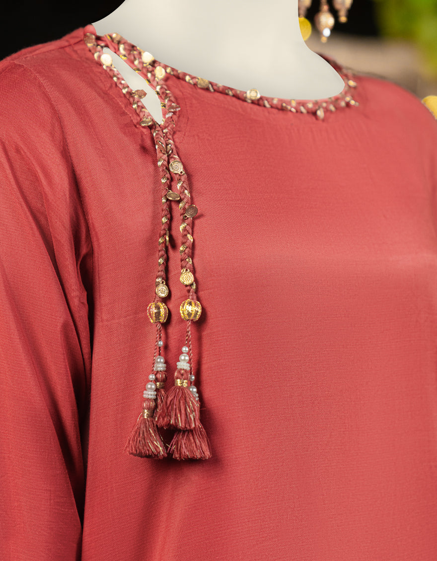 Silk Peach Stitched Suit - J. Junaid Jamshed