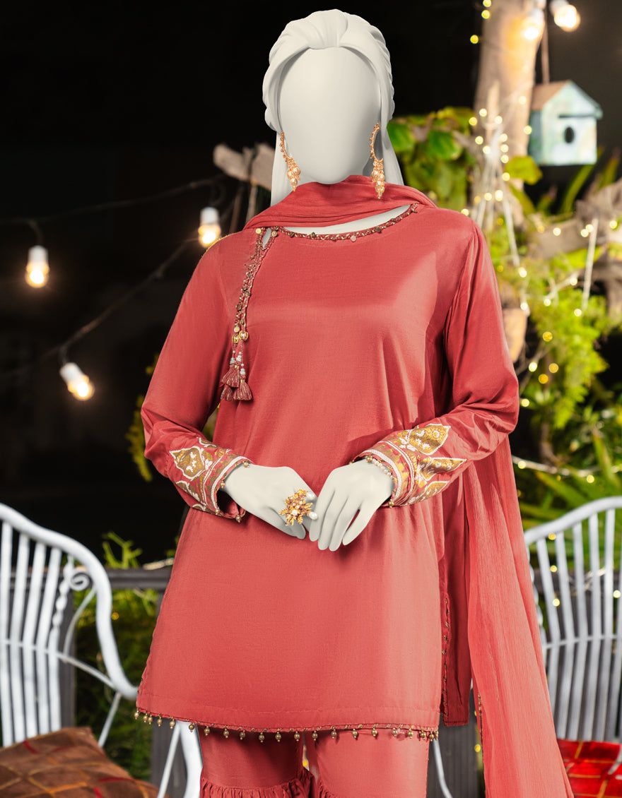 Silk Peach Stitched Suit - J. Junaid Jamshed
