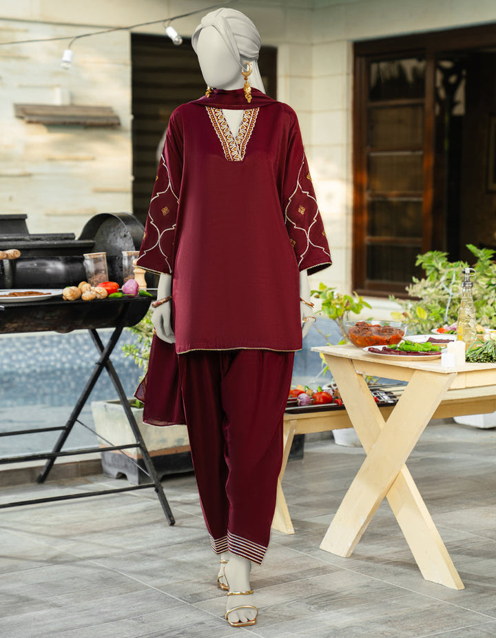 Silk Maroon Stitched Suit - J. Junaid Jamshed