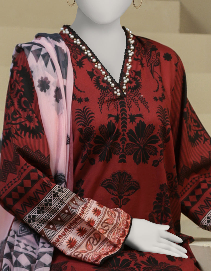Lawn Maroon Stitched Suit - J. Junaid Jamshed