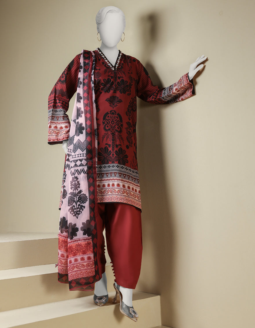 Lawn Maroon Stitched Suit - J. Junaid Jamshed