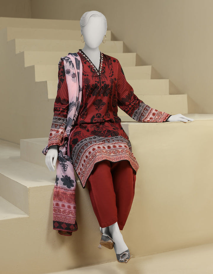 Lawn Maroon Stitched Suit - J. Junaid Jamshed