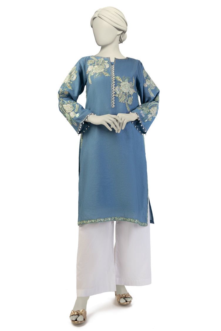 Cotton Net Blue Kurti- J. Junaid Jamshed