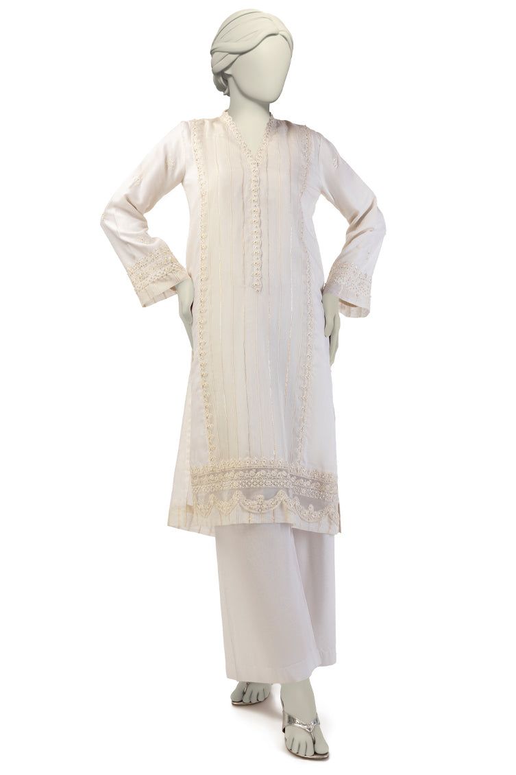 Paper Cotton White Kurti- J. Junaid Jamshed