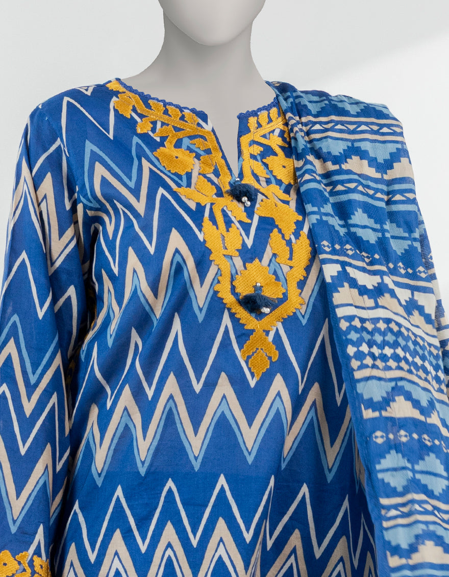 Lawn Blue Stitched Suit - J. Junaid Jamshed