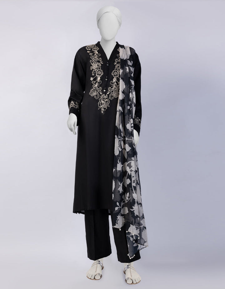 Lawn Black Stitched Suit - J. Junaid Jamshed