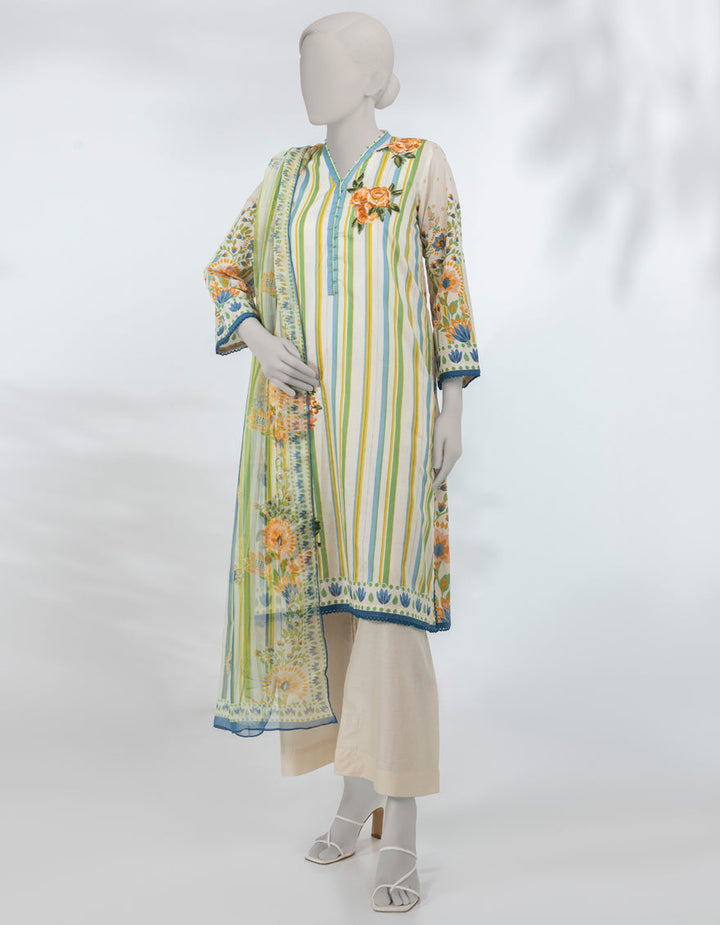 Lawn Cream Stitched Suit - J. Junaid Jamshed