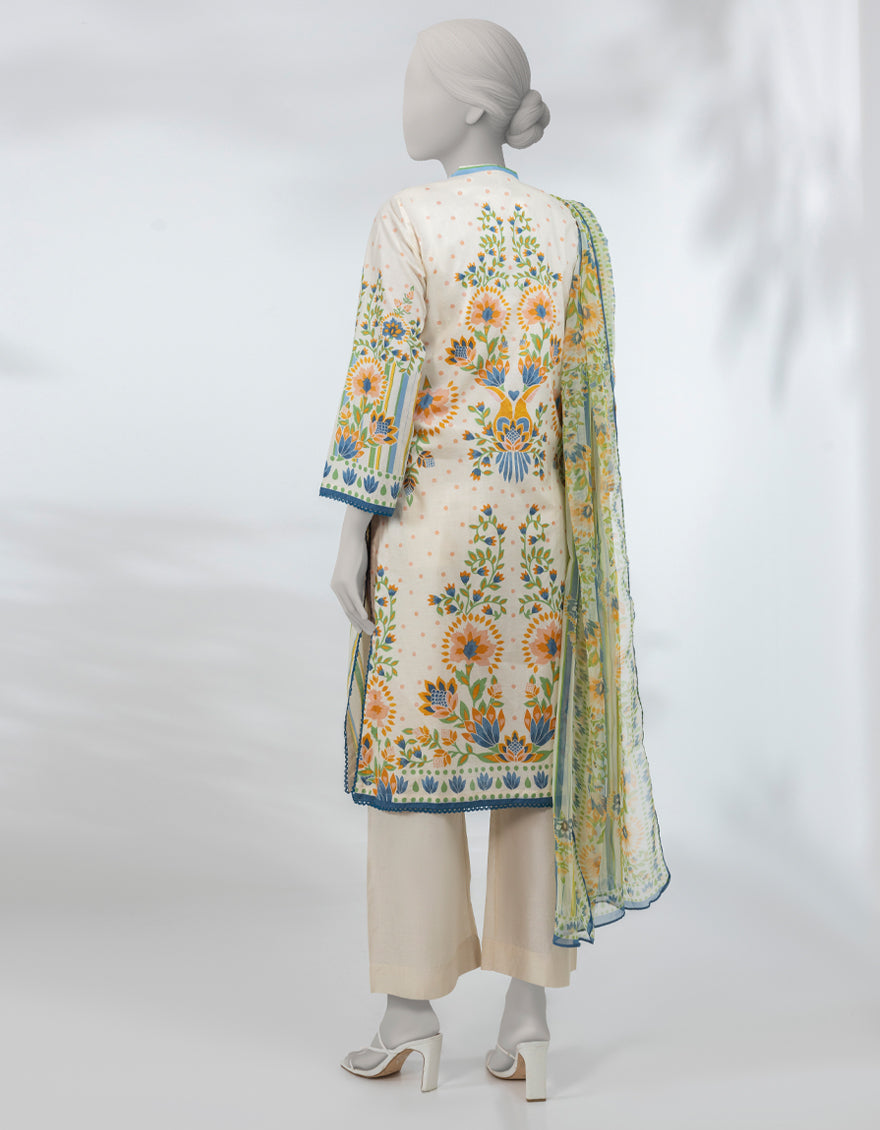 Lawn Cream Stitched Suit - J. Junaid Jamshed