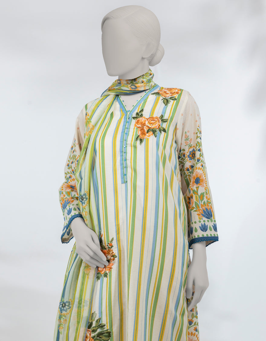 Lawn Cream Stitched Suit - J. Junaid Jamshed