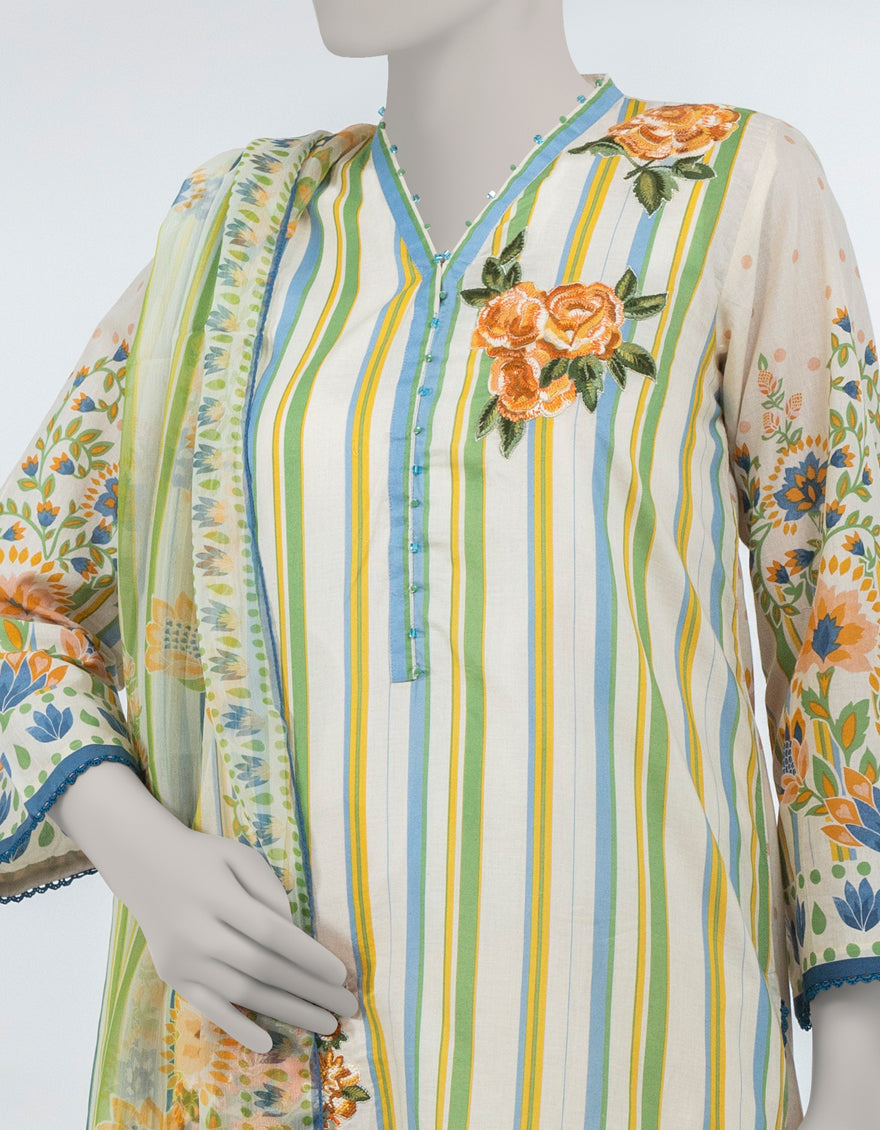 Lawn Cream Stitched Suit - J. Junaid Jamshed