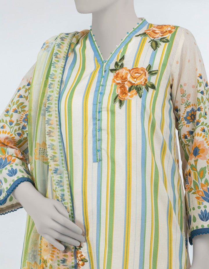 Lawn Cream Stitched Suit - J. Junaid Jamshed
