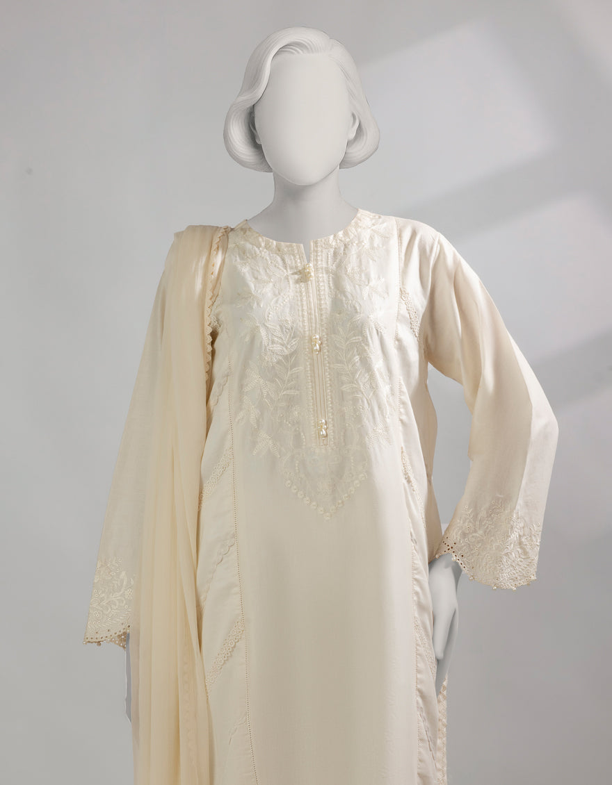 Lawn Off White Stitched Suit - J. Junaid Jamshed