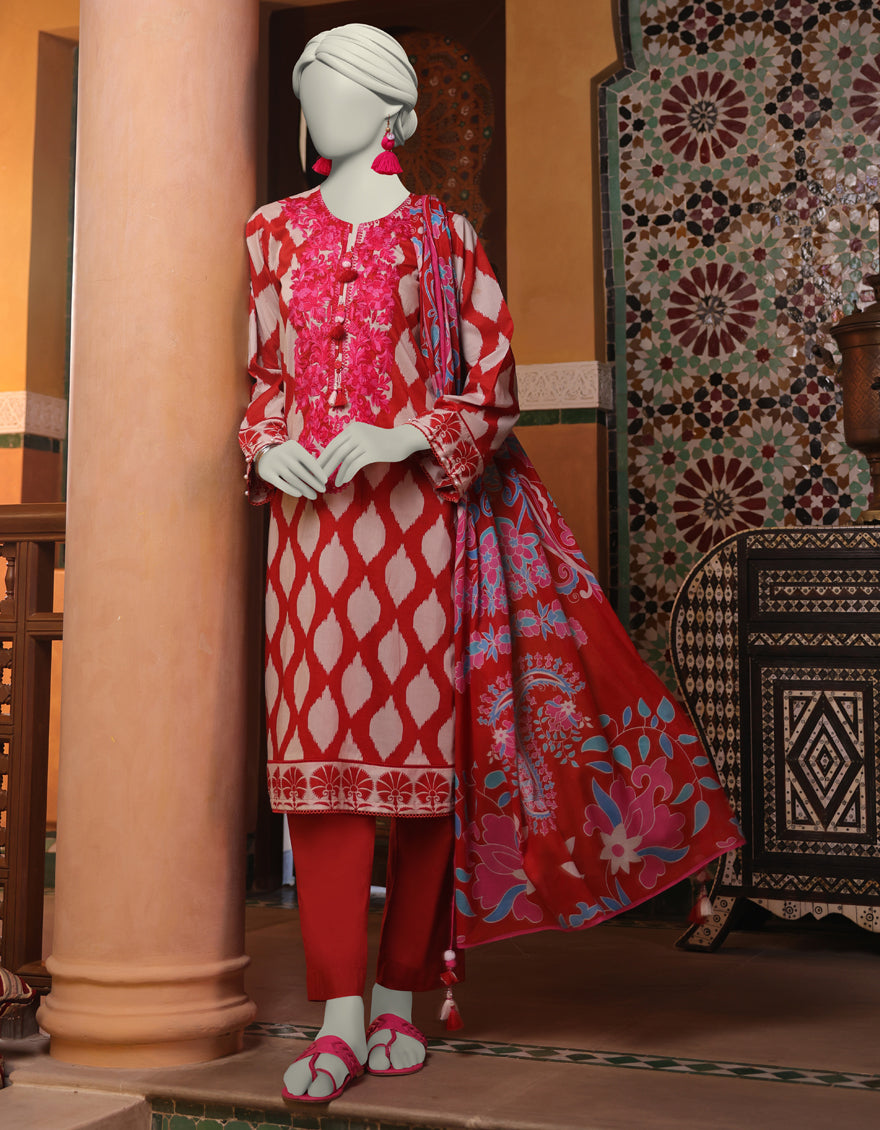 Lawn Red Unstitched Suit - J. Junaid Jamshed