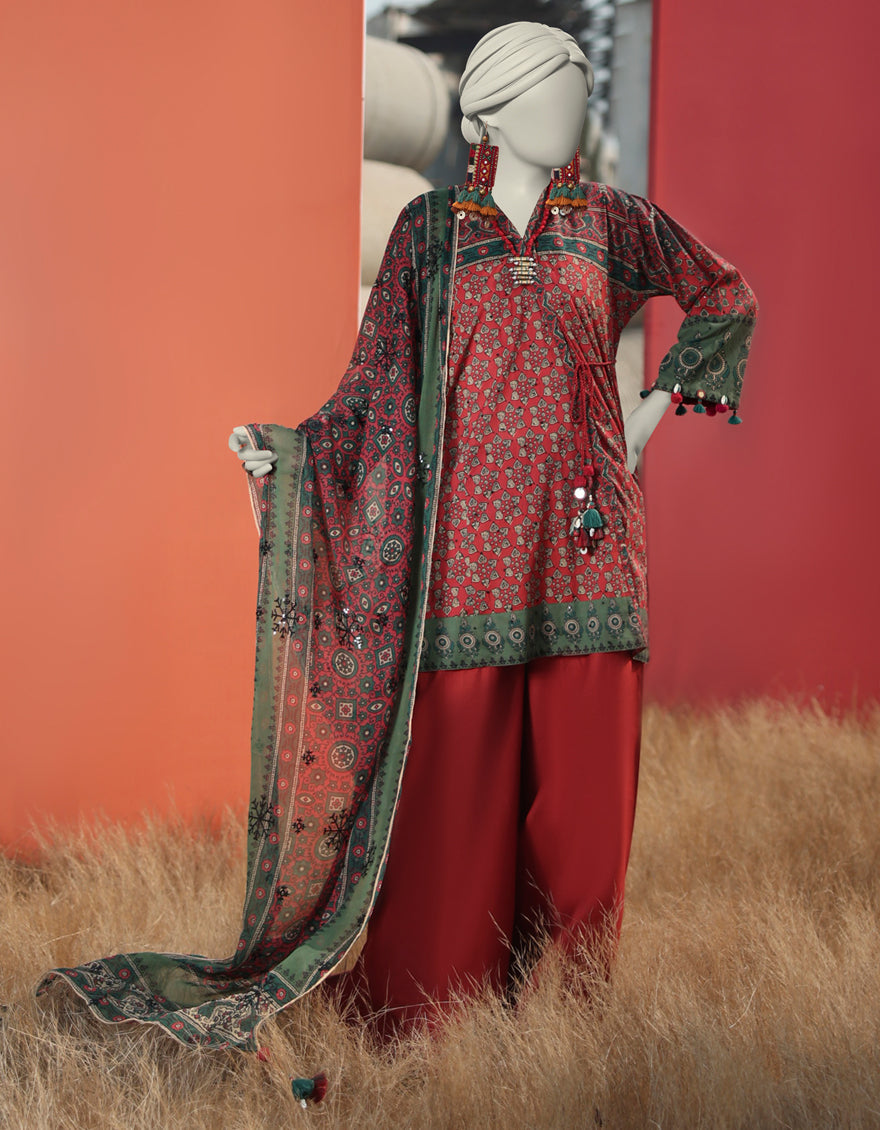 Lawn Red Unstitched Suit - J. Junaid Jamshed