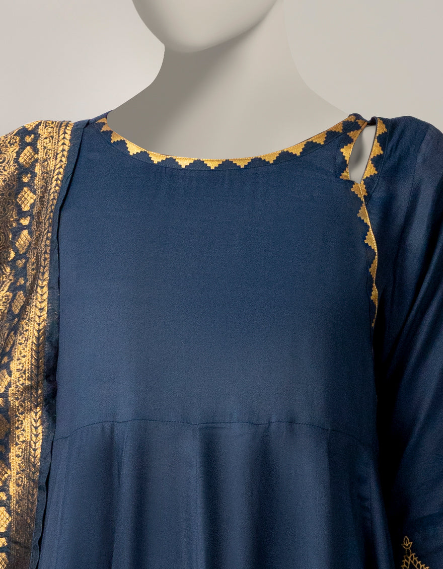 Maple Silk Blue Stitched Suit - J. Junaid Jamshed