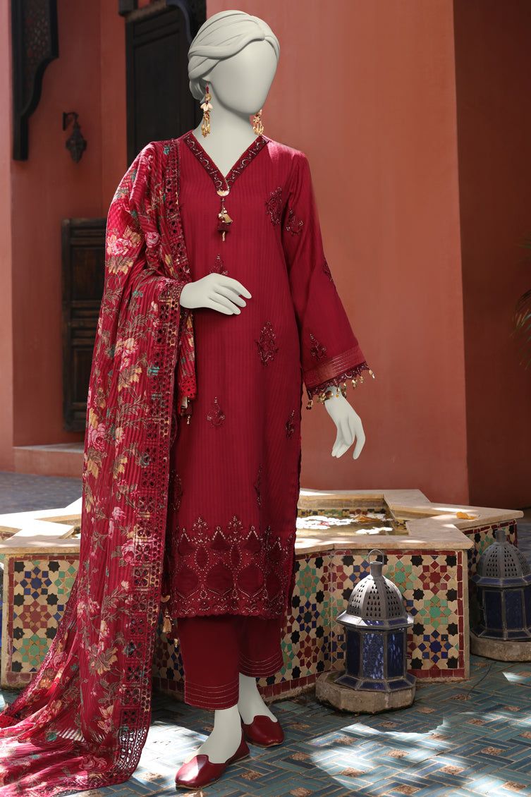 Jacquard Red Unstitched Suit - J. Junaid Jamshed