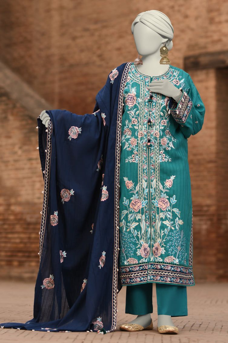 Dobby Blue Unstitched Suit - J. Junaid Jamshed