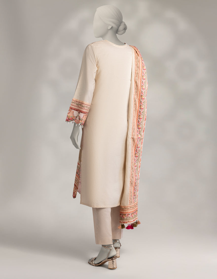 Dobby Beige Stitched Suit - J. Junaid Jamshed