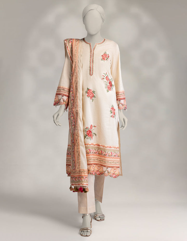 Dobby Beige Stitched Suit - J. Junaid Jamshed