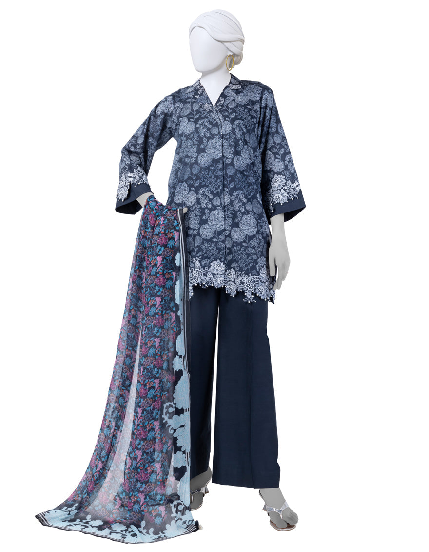 Lawn Blue Unstitched Suit - J. Junaid Jamshed