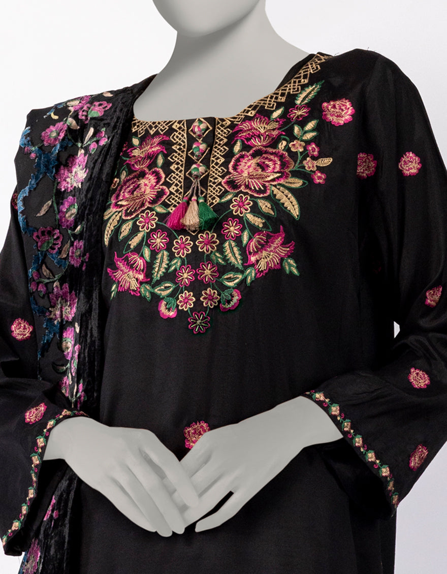 Maple Silk Black Stitched Suit - J. Junaid Jamshed
