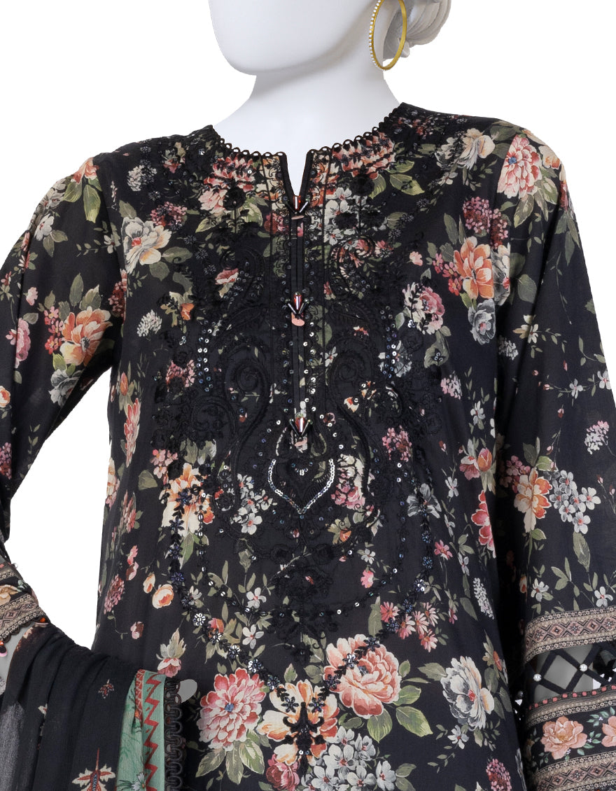 Lawn Black Unstitched Suit - J. Junaid Jamshed