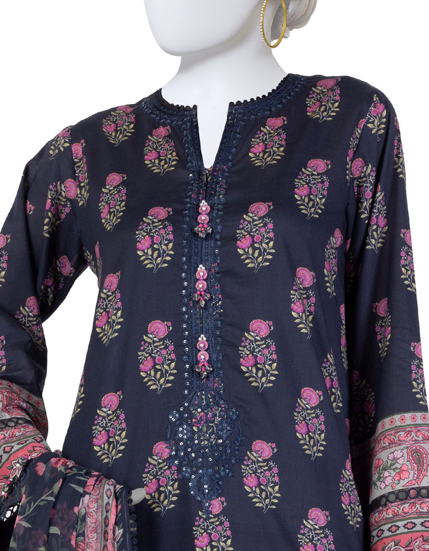 Lawn Blue Unstitched Suit - J. Junaid Jamshed