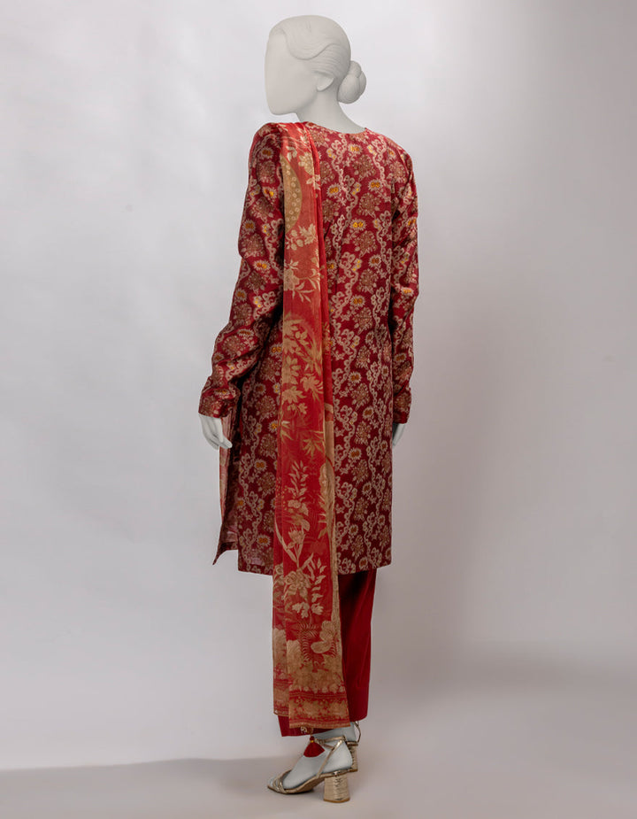 Jacquard Red Unstitched Suit - J. Junaid Jamshed