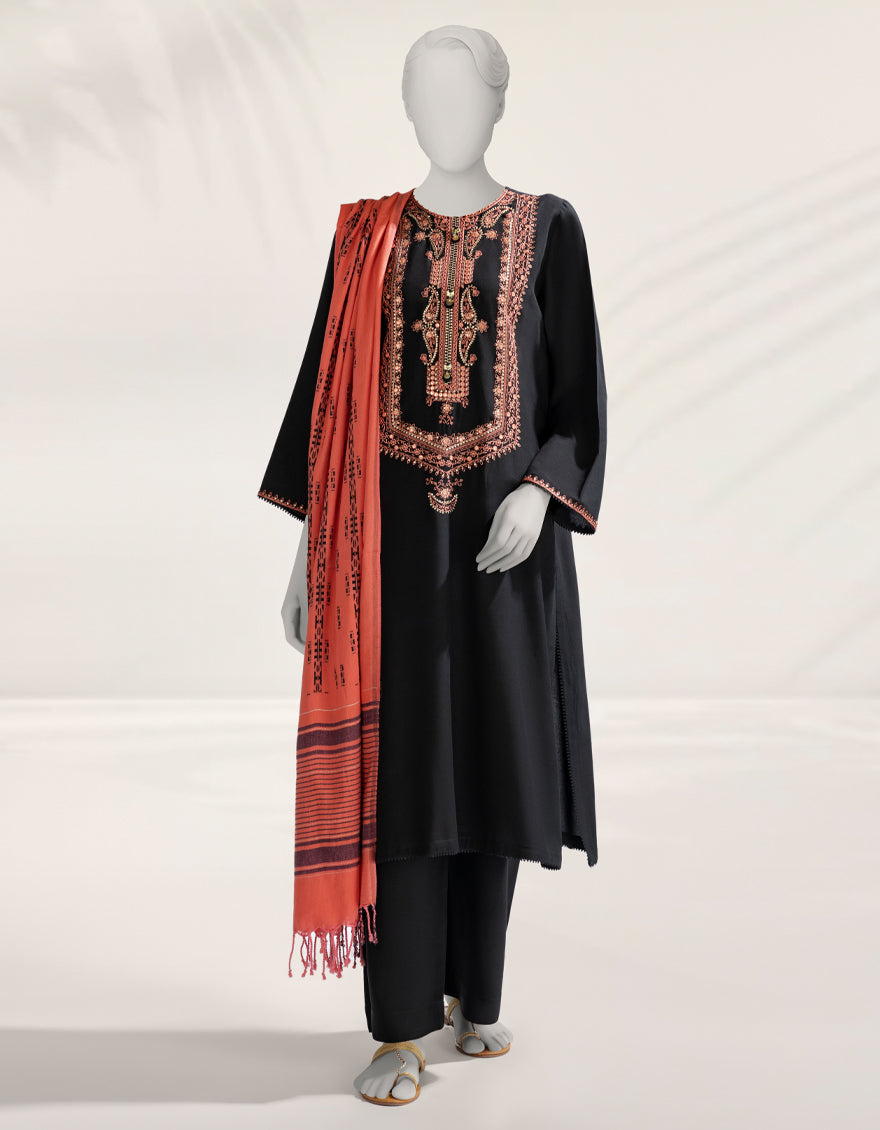 Linen Black Unstitched Suit - J. Junaid Jamshed