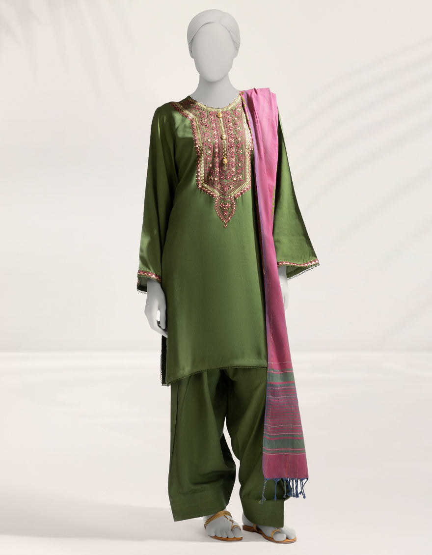 Linen Green Unstitched Suit - J. Junaid Jamshed