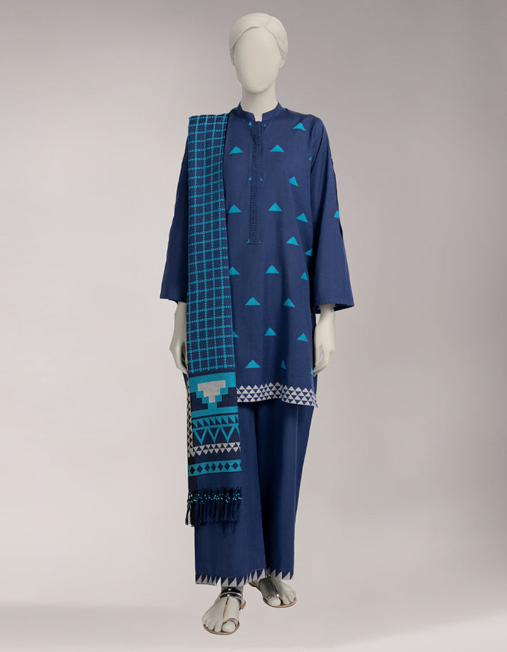 Jacquard Blue Unstitched Suit - J. Junaid Jamshed